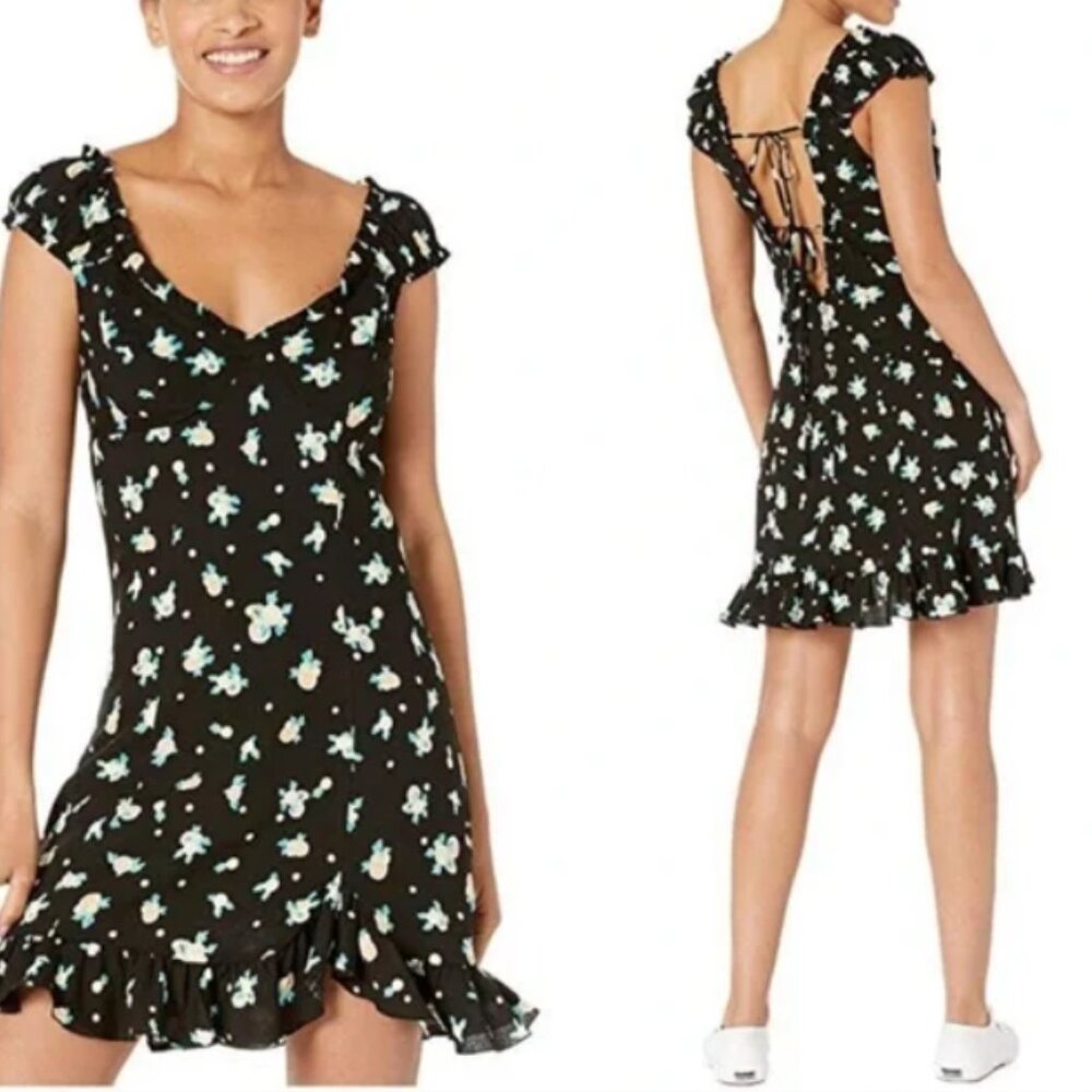 Free People Women's Black Like a Lady Fruit Mini Dress Linen Blend S